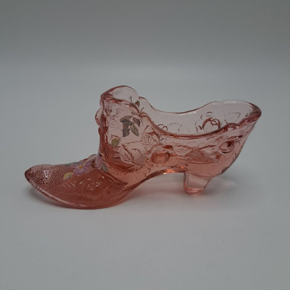 Fenton Pink Glass Hand-Painted Floral Cabbage Rose Pattern Slipper Shoe